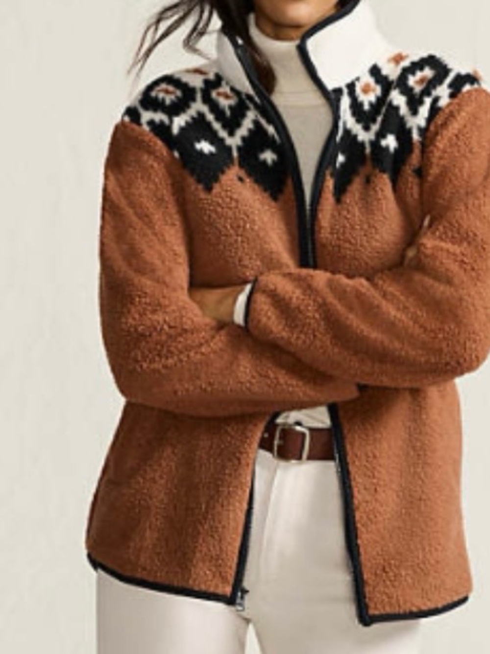 Sherpa Zip Front Jacket in Rust with Fair Isle Yoke